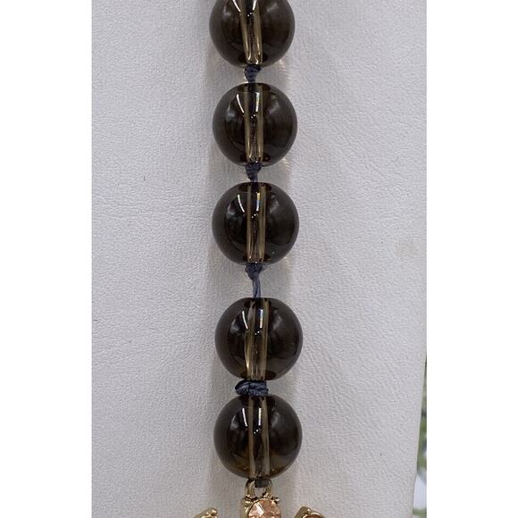 Hand Knotted Long Smoky Quartz Glass Beaded Rhinestone Flower Accent Necklace - Picture 4 of 11
